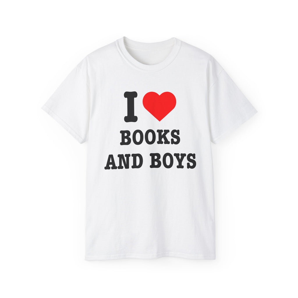 t-shirt unisexe 100% coton blanc avec imprimé i love books and boys par Atelier 20h20