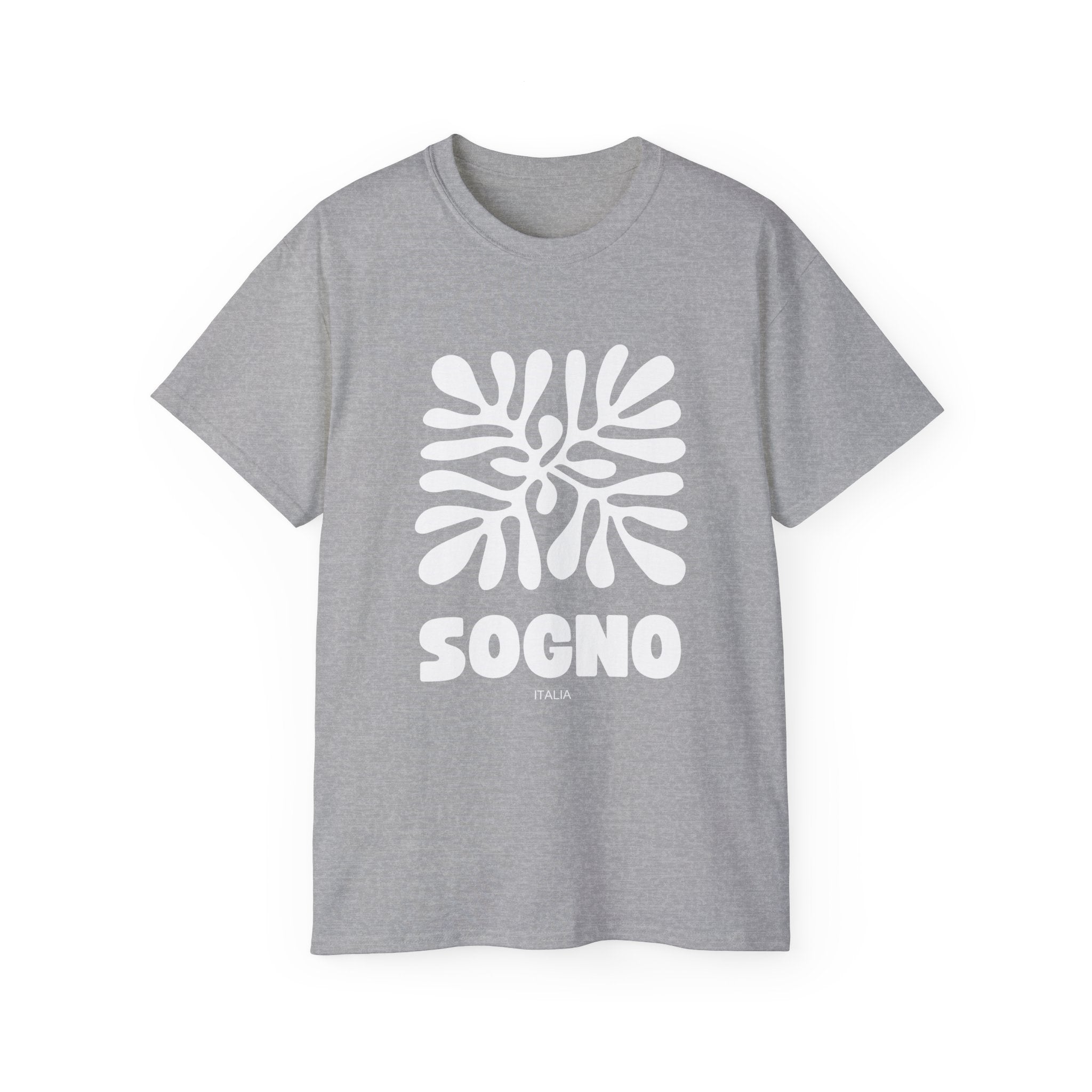 t-shirt unisexe 100% coton gris avec imprimé sogno mediterranéen par Atelier 20h20