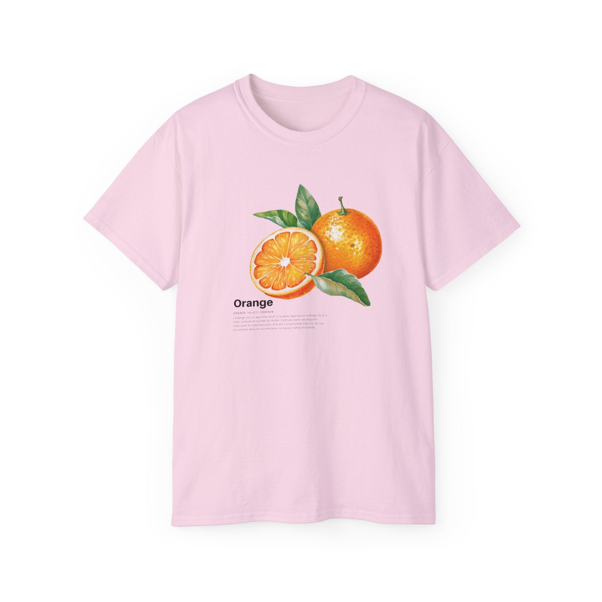 t-shirt unisexe 100% coton rose avec imprimé orange par Atelier 20h20