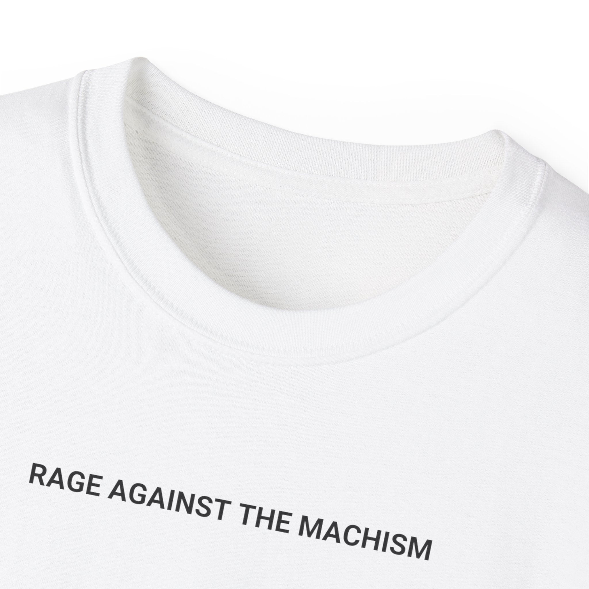 t-shirt unisexe 100% coton blanc avec citation féministe "rage against the machism" Atelier 20h20
