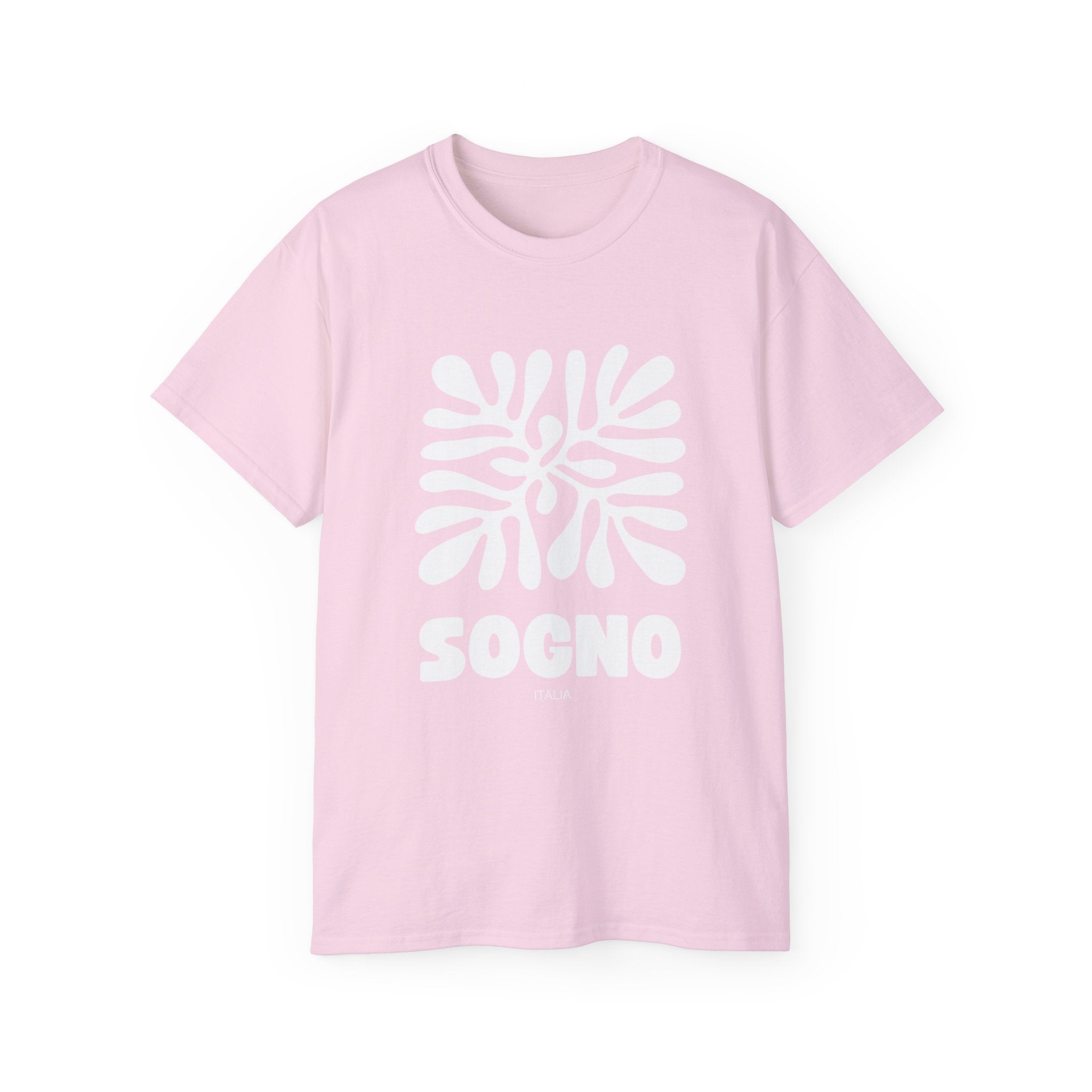 t-shirt unisexe 100% coton rose avec imprimé sogno mediterranéen par Atelier 20h20