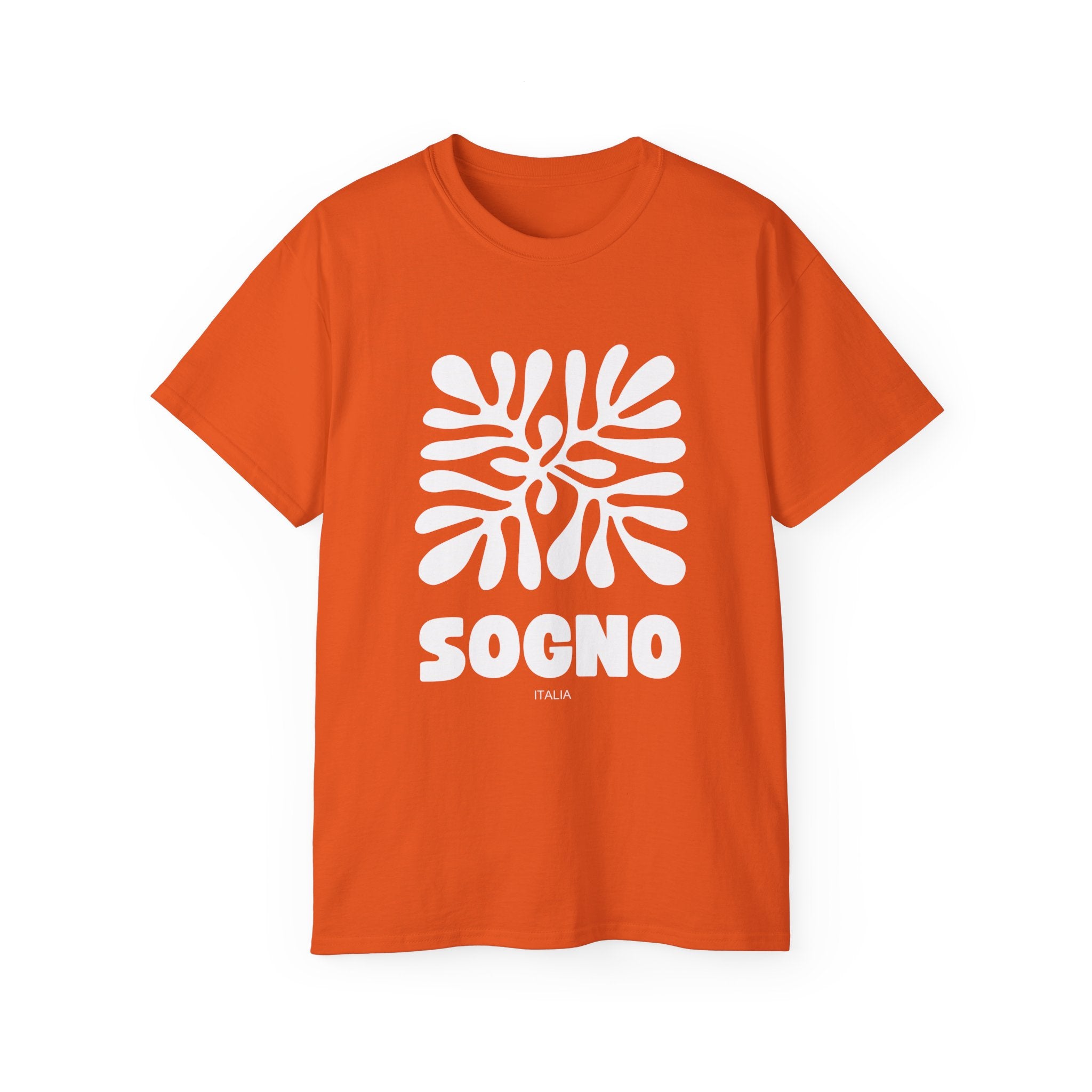 t-shirt unisexe 100% coton orange avec imprimé sogno mediterranéen par Atelier 20h20