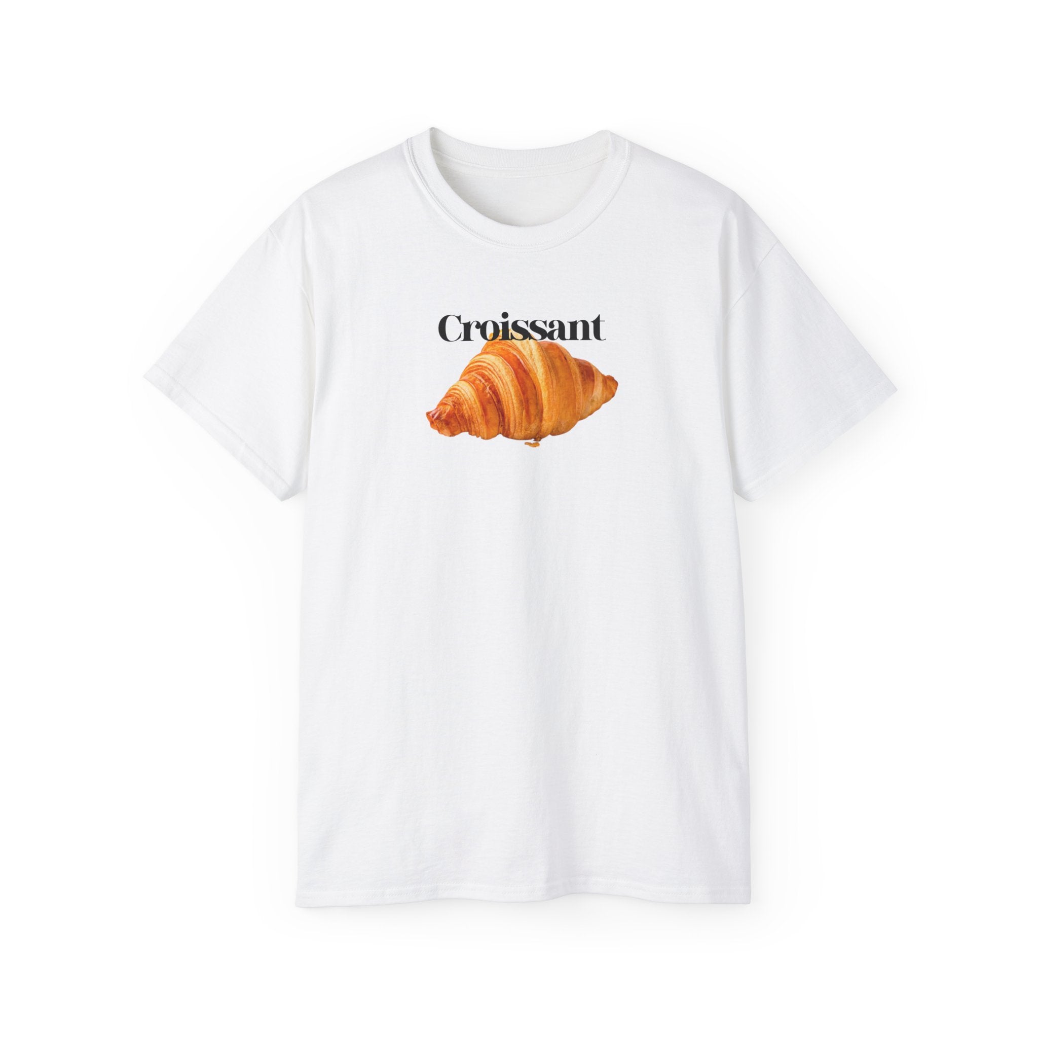 t-shirt unisexe 100% coton blanc parisien et gourmand de Atelier 20h20 avec citation "i love croissant"