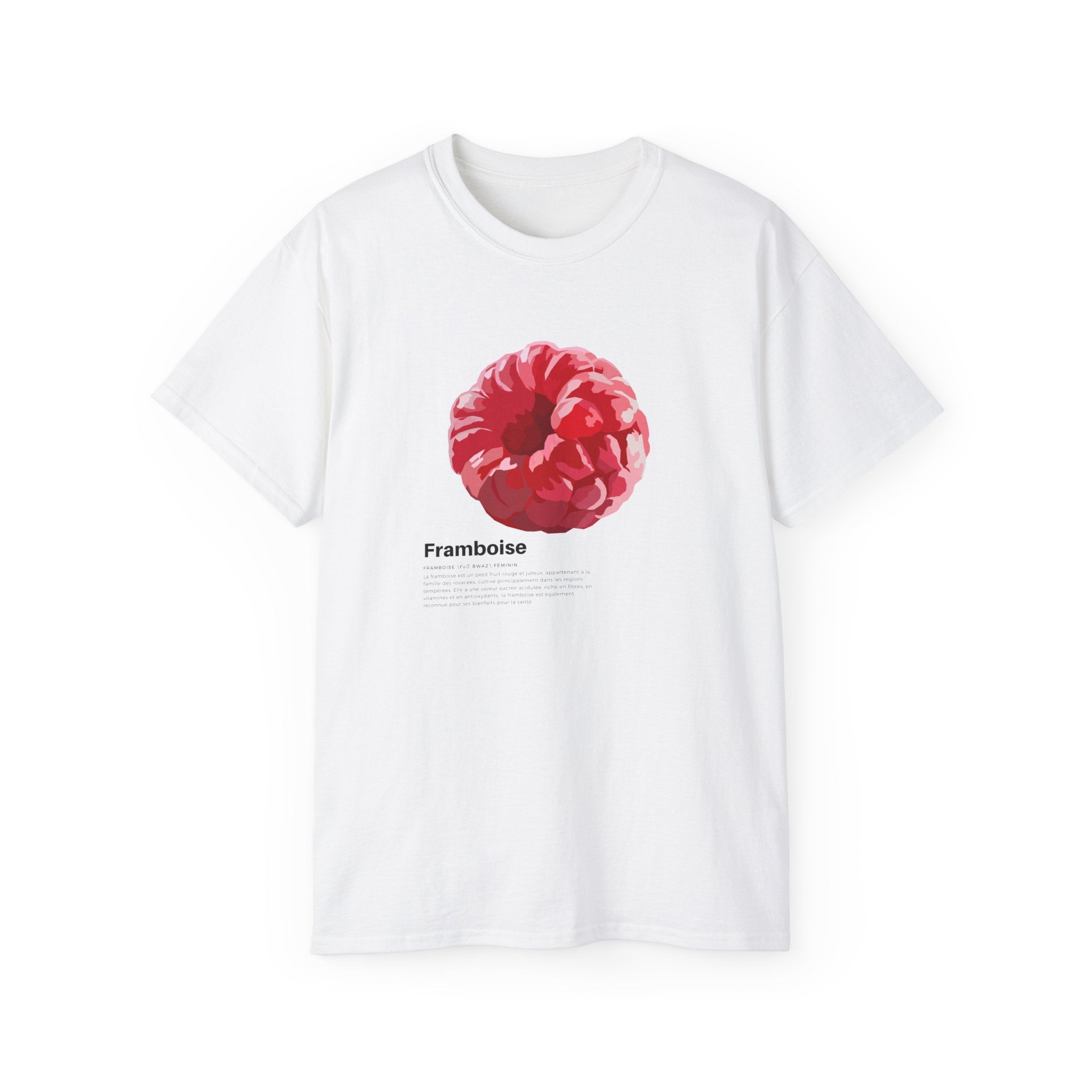 t-shirt unisexe 100% coton blanc avec imprimé framboise par Atelier 20h20