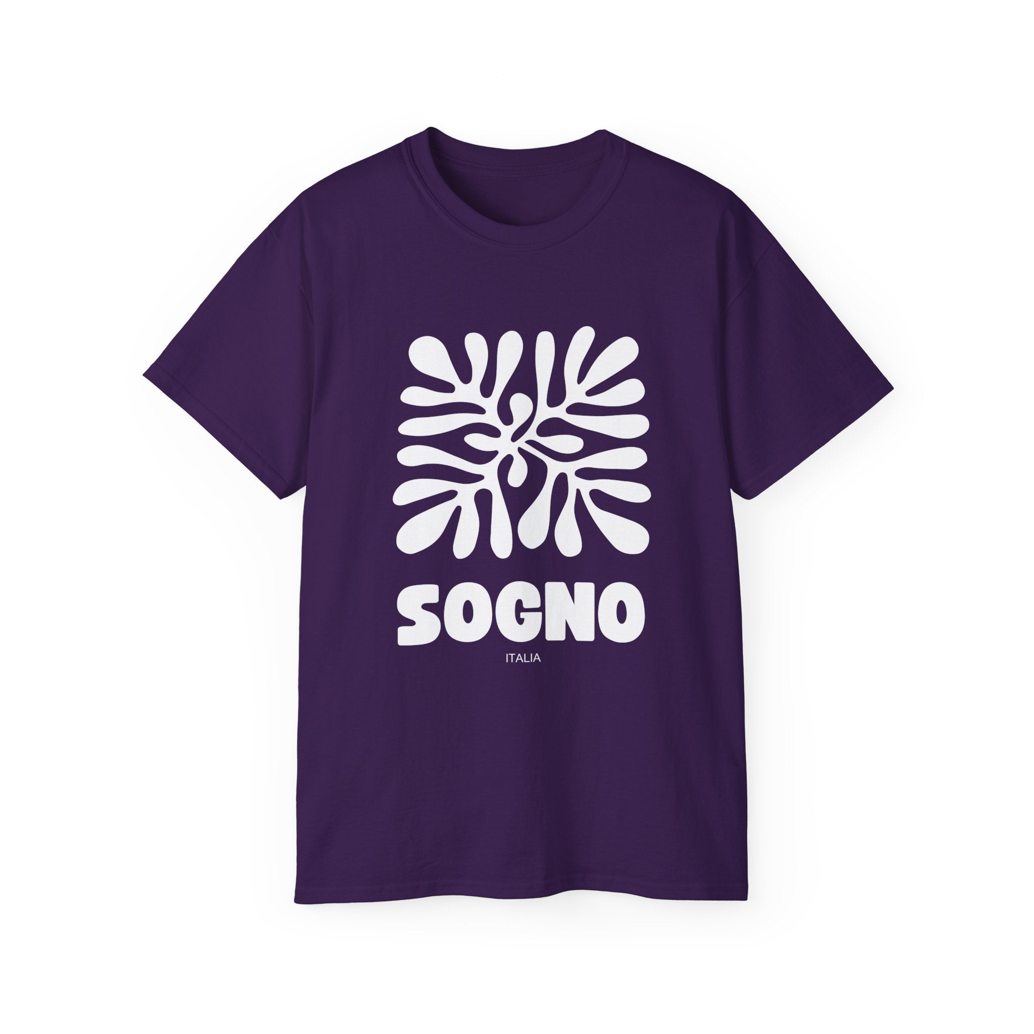 t-shirt unisexe 100% coton violet avec imprimé sogno mediterranéen par Atelier 20h20