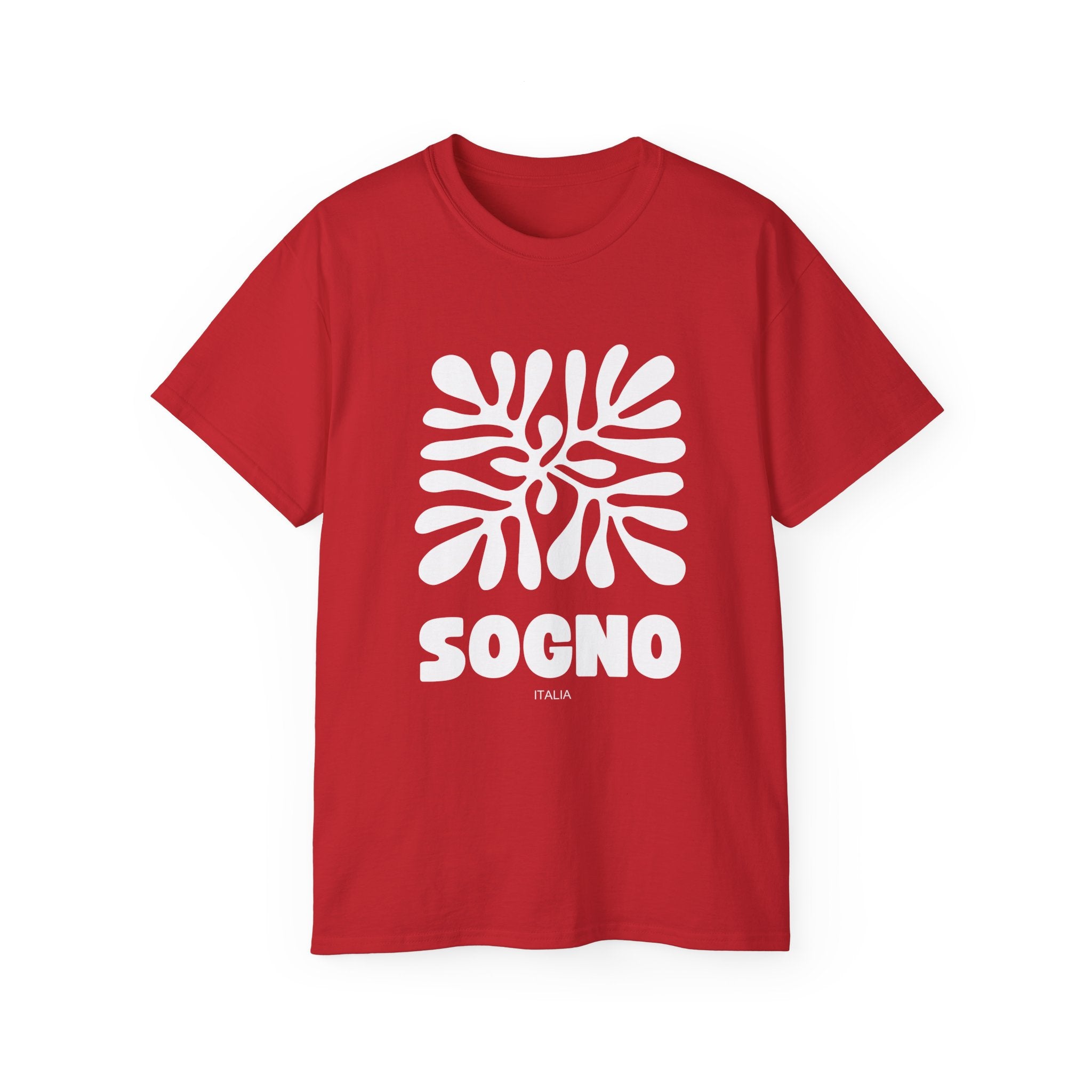 t-shirt unisexe 100% coton rouge avec imprimé sogno mediterranéen par Atelier 20h20