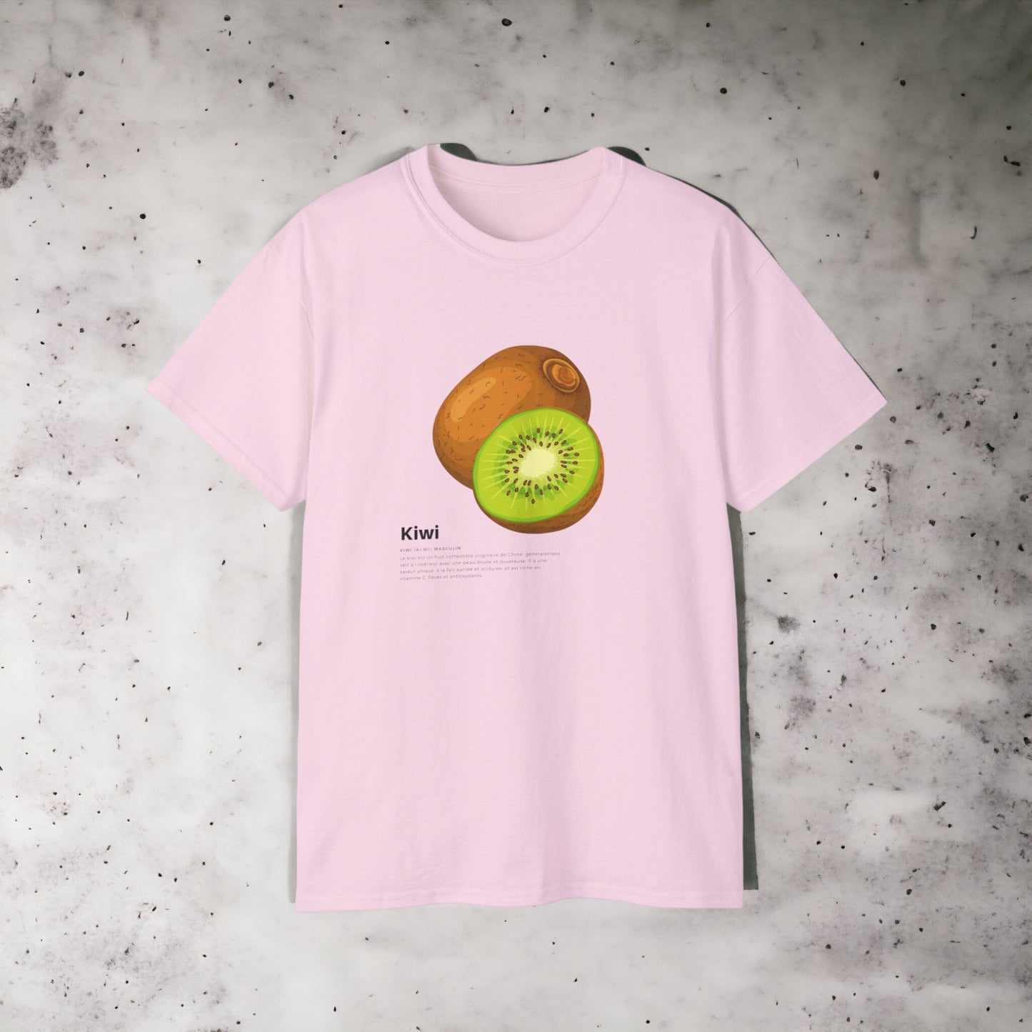 T-shirt Kiwi unisexe en coton épais, disponible en blanc ou rose. Typographie noire imprimée sur la poitrine.